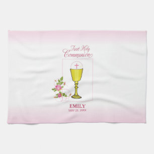 Girl Pink First Holy Communion, Chalice, Host, Ros Kitchen Towel