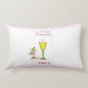 Girl Pink First Holy Communion, Chalice, Host, Ros Lumbar Pillow