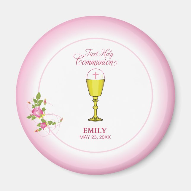 Girl Pink First Holy Communion, Chalice, Host, Ros Magnet (Front)