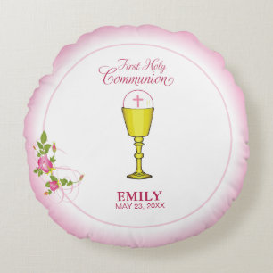 Girl Pink First Holy Communion, Chalice, Host, Ros Round Pillow