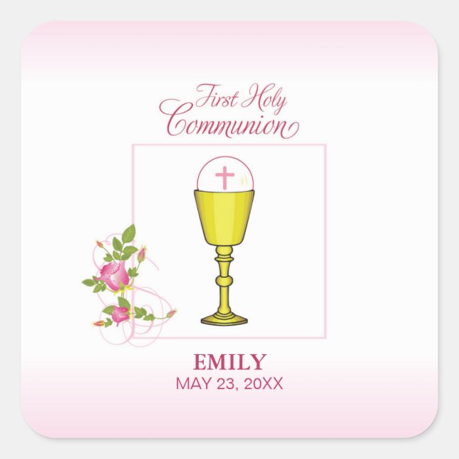 Girl Pink First Holy Communion, Chalice, Host, Ros Square Sticker (Front)