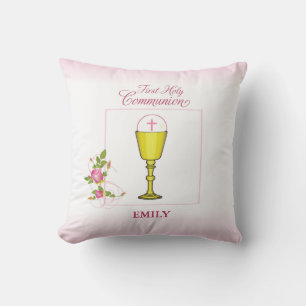 Girl Pink First Holy Communion, Chalice, Host, Ros Throw Pillow