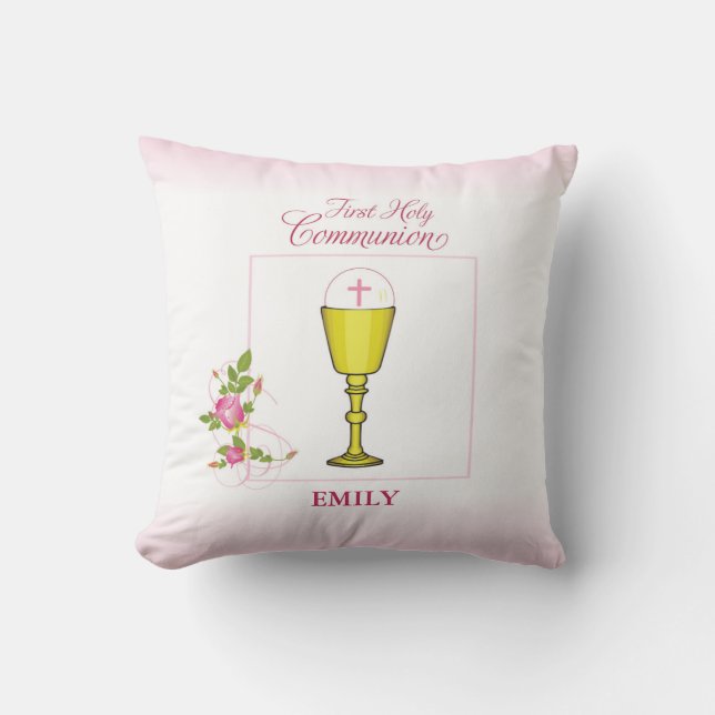 Girl Pink First Holy Communion, Chalice, Host, Ros Throw Pillow (Front)