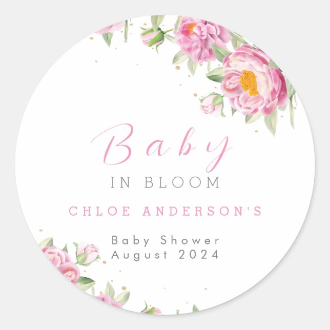 Girl Pink Floral Baby in Bloom Shower Cute Classic Round Sticker (Front)