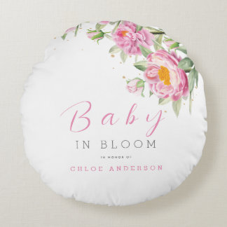 Girl Pink Floral Baby in Bloom Shower Cute Round Pillow