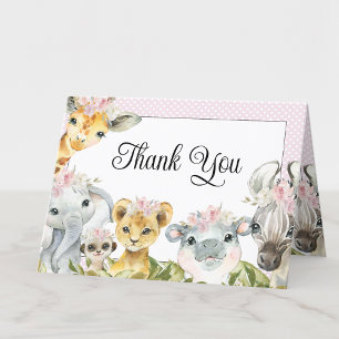 Girl Pink Floral Safari Baby Shower Thank You Card
