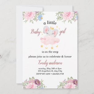 Girl Pink Flowers Elephant Baby Shower Invitation