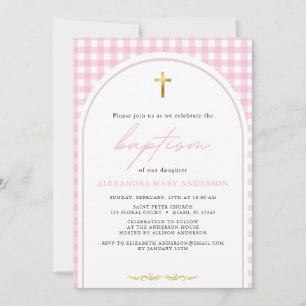 Girl pink gingham modern minimalistic baptism invitation