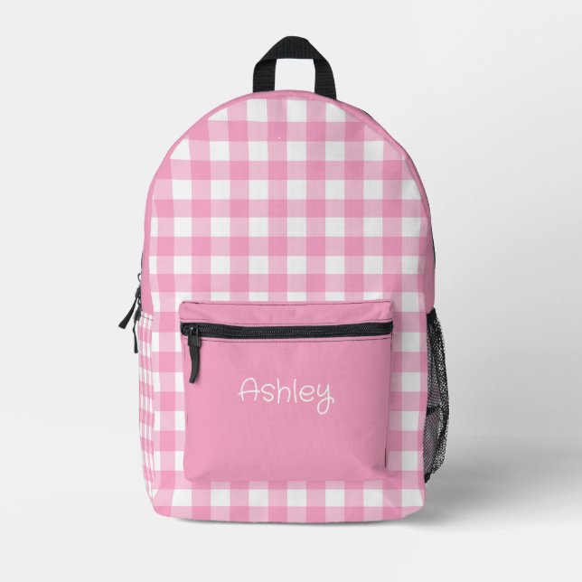 Girl Pink Gingham Pattern Personalized Name Printed Backpack (Front)