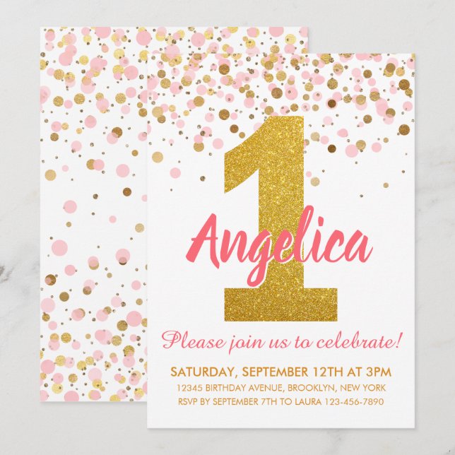 Girl Pink Gold Glitter Confetti First Birthday Invitation (Front/Back)