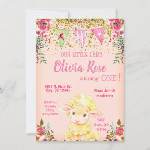 Girl pink lamb 1st first birthday invitation. invitation
