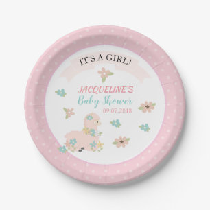 Girl Pink Llama Floral Baby Shower Paper Plate