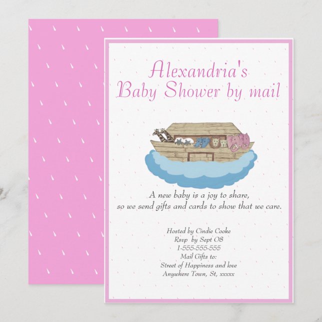Girl Pink Noah Ark Baby Shower by mail Invitation (Front/Back)