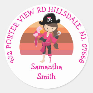 Girl Pink Parrot Pirate Party ADDRESS Classic Roun Round Sticker