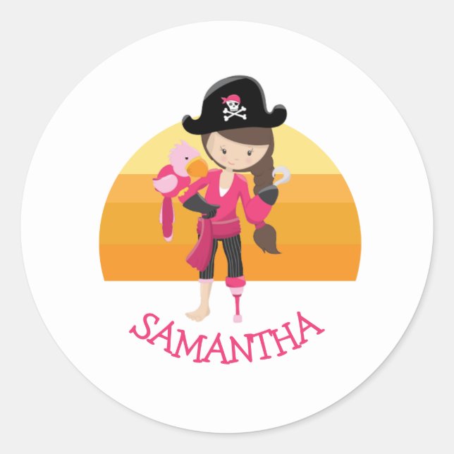 Girl Pink Parrot Pirate Party  Classic Round Sticker (Front)