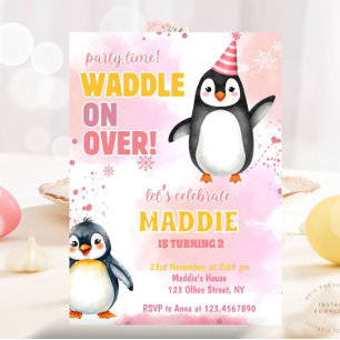 Girl Pink Penguin Winter Birthday Party Invitation