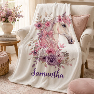 Girl Pink Purple Whimsical Horse Monogram Sherpa Blanket