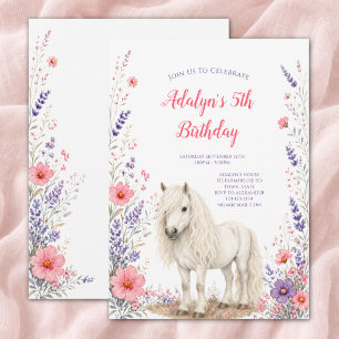 Girl Pink Purple Wildflower Horse 5th Birthday Invitation
