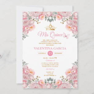 Girl Pink Quinceañera 15 Anos Flowers Gold Crown Invitation