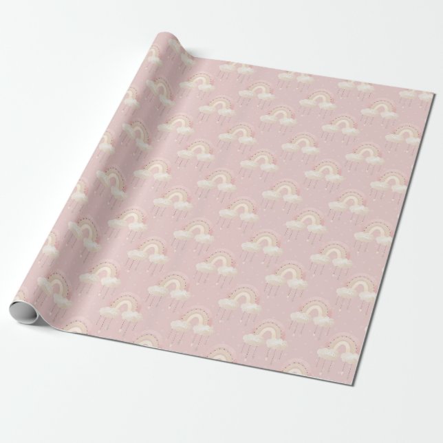 Girl Pink Rainbow Kids Birthday Wrapping Paper (Unrolled)