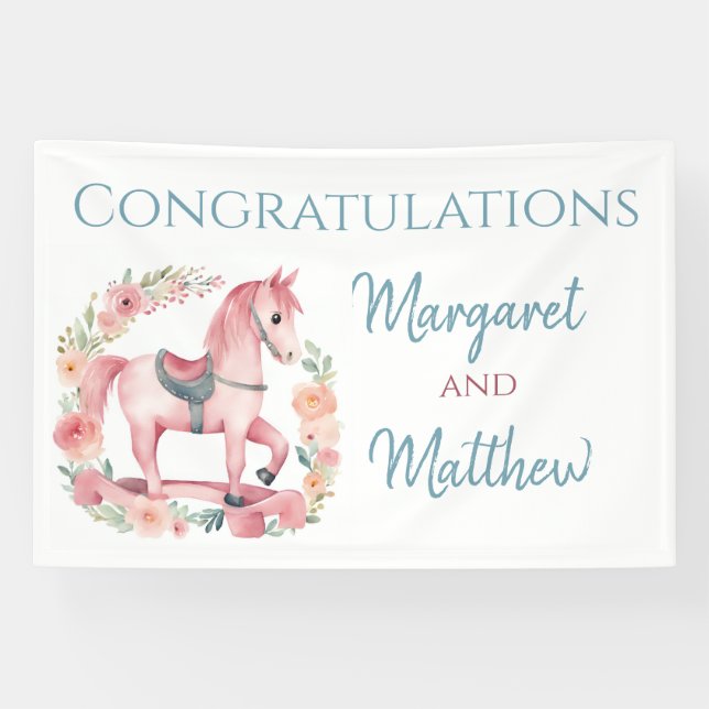 Girl Pink Rocking Horse Baby Shower Party Banner (Horizontal)