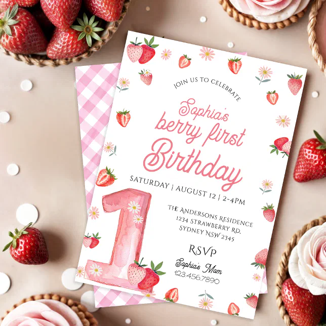 Girl Pink Strawberry Berry First Birthday Invitation | Zazzle