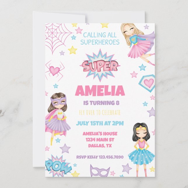 Girl Pink Superhero Birthday Invitation (Front)