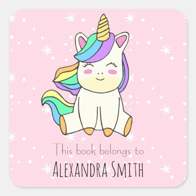 Girl Pink unicorn This Book Belongs Nam Square Sticker (Front)