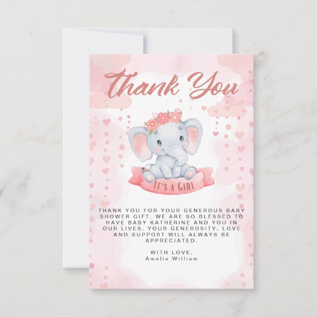Girl Pink watercolor elephant baby shower Thank You Card (Front)