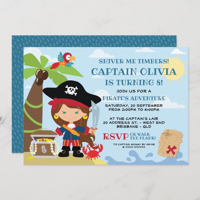 Girl Pirate Party Birthday Invitations (Front/Back)
