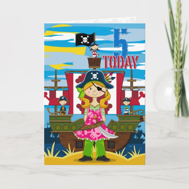 Girl Pirate Ship Scene 5th Birthday Card (Front)