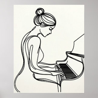 Girl Playing the Piano - Line Art  Poster