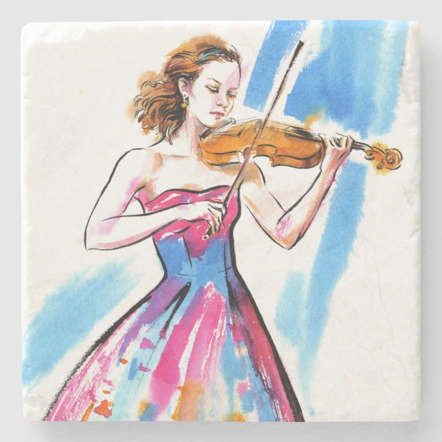Girl playing the violin stone coaster (Front)