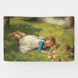 Girl Playing with Chicks (Hen and Chicken) Banner