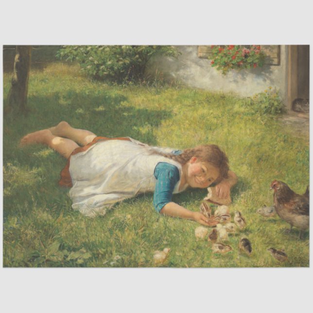 Girl Playing with Chicks (Hen and Chicken) Tissue Paper (Front)