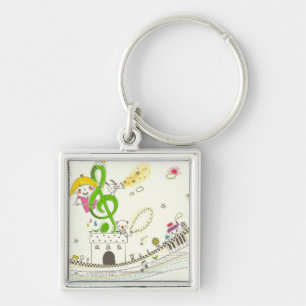 Girl playing with musical notes on house keychain