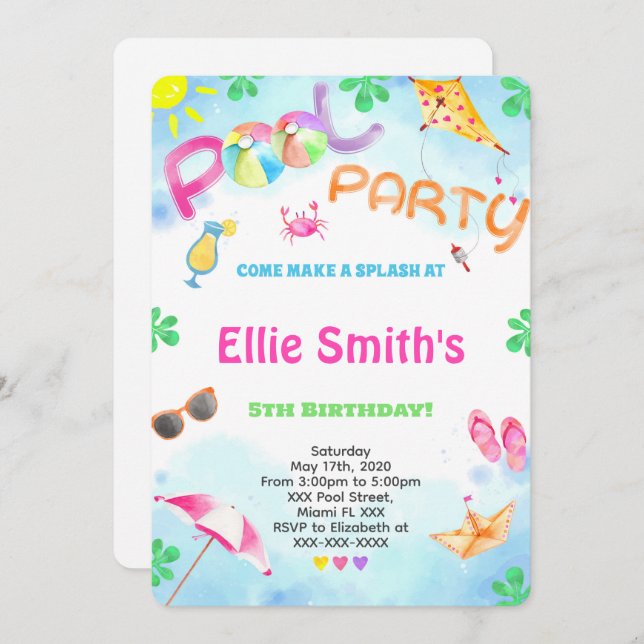 Girl Pool Birthday Invitation (Front/Back)