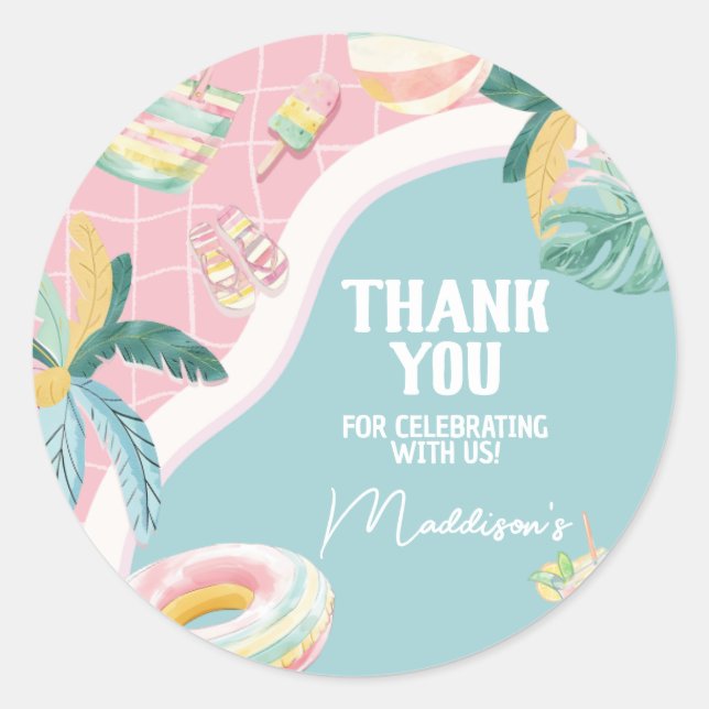 Girl Pool Party Birthday Party  Classic Round Sticker (Front)