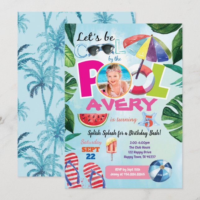 Girl pool party birthday photo invitation (Front/Back)