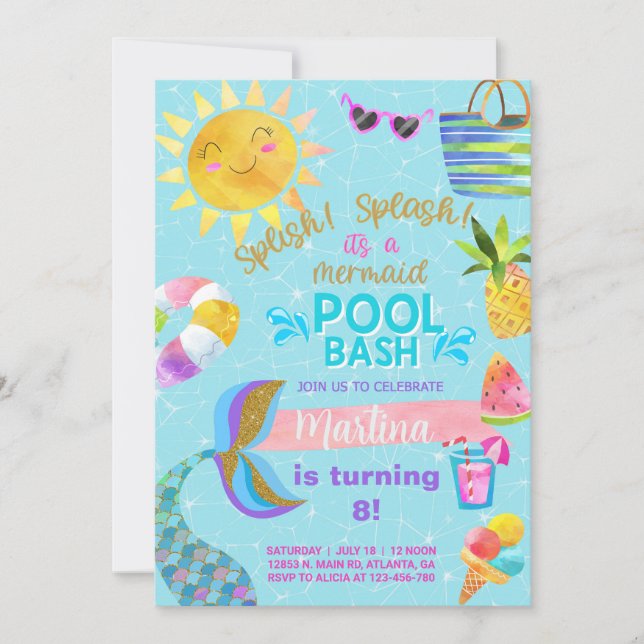 Girl pool party, pool bash summer invitation. invitation (Front)