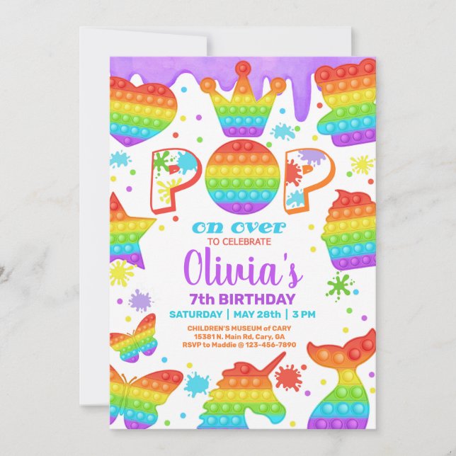 Girl popit birthday party invitation, Slime. Invit Invitation (Front)