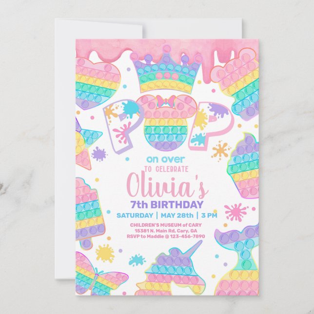 Girl popit birthday party invitation, Slime. Invit Invitation (Front)