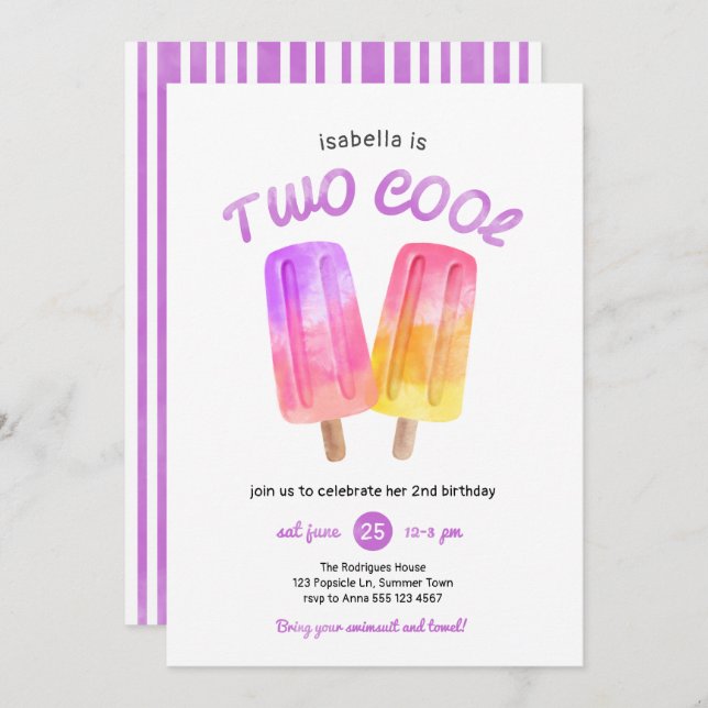 Girl Popsicle Summer 2nd Birthday Party Invitation (Front/Back)