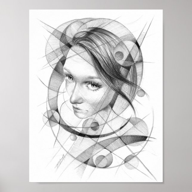 Girl portrait Drawing art Geometric Circles Lines Poster (Front)