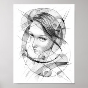 Girl portrait drawing with circles and lines poster