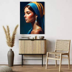 Girl Portrait in Blue and Gold, Classic Style   Poster