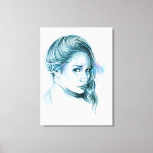 Girl portrait pencil art in blue Wrapped canvas