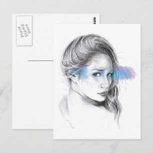 Girl portrait pencil drawing art postcard