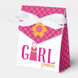 Girl power cute dress pink plaid stiched flowers favor box