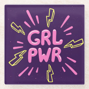 Girl power feminist slogan, violet background. glass coaster